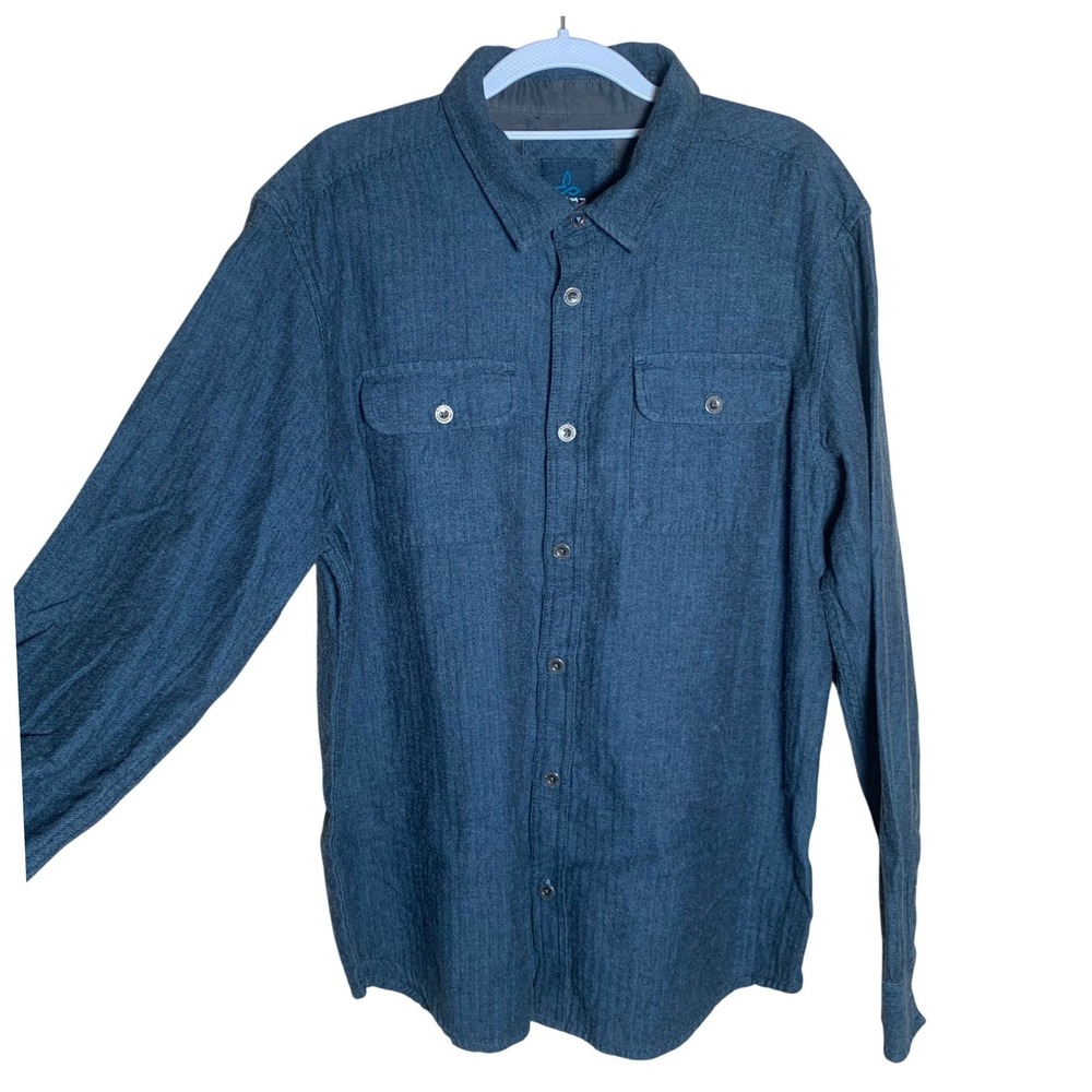 prAna Button Down Shirt Mens Large Blue Herringbone Long Sleeve Organic Gorpcore